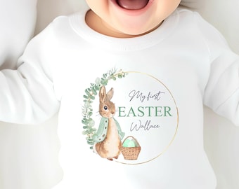 My First Easter Green Rabbit White Babygrow l New Baby | Easter Personalised l New Baby l My First Easter l Rabbit l Baby Boy Sleepsuit 1st