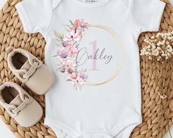 Birthday Vest/T-shirt | Personalised Boho Floral Wreath Birthday Outfit (First Birthday Photo Gift Little Sister Girl Bodysuit | One Today)