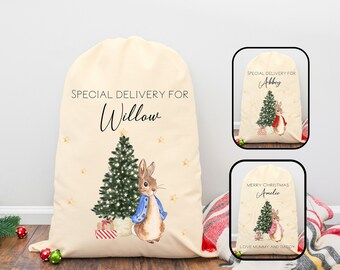 Personalised Santa Sack: Peter Flopsy Rabbit (First Christmas Special Delivery Christmas Sack, Boy, Girl, Christmas Eve Presents Merry Xmas)