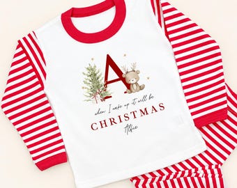 Personalised Christmas Pyjamas | When I Wake It's Christmas Initial Teddy Tree | Boys Girls Toddler Children 100% Cotton PJs Baby