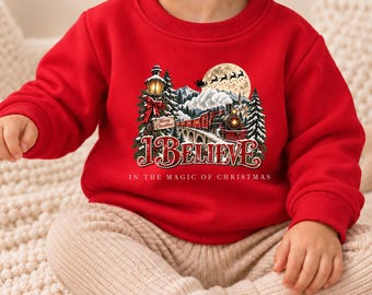 Kids Christmas Jumper | Festive Train Sweatshirt with Name for Boys Girls Sibling Matching Xmas Sweater