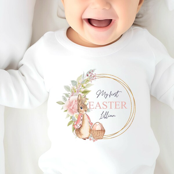 My First Easter Pink Bunny Wreath White Babygrow l New Baby | Baby Personalised l New Baby l My First Easter l Rabbit l Girl l Sleepsuit