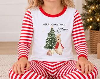 Personalised Christmas Pyjamas for Kids| Festive Red Rabbit 2026 | Merry Christmas or My First Christmas | Xmas Eve 100% Cotton PJs Unisex