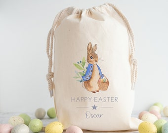 Personalised Happy Easter Blue Rabbit | Easter Bag | Treat Bag | Snacks | Easter Egg Hunt Trail Bag Basket Bucket | Children |Boy Girl Bunny