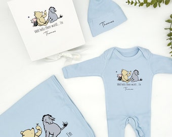 Cesta personalizada de osos Hello There Winnie the Pooh, nuevo juego de regalos de ropa para bebés, regalo de regreso a casa, regalo de baby shower