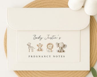 Pregnanacy/Maternity Notes Folder | Jungle Safari Unisex | Personalised New Baby | Rainbow Baby | IVF Journey | Document Folder | Cream