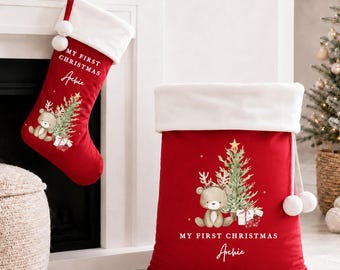 Personalised Velvet Santa Sack or Stocking | Reindeer Tree | My First Christmas or Merry Xmas | Baby's 1st Present Gift Wrap