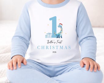 Personalised My First Christmas Boys Pyjamas | Blue Dinosaur Baby's 1st Xmas Eve Children Soft 100% Cotton Kids PJs | Blue Contrast or White