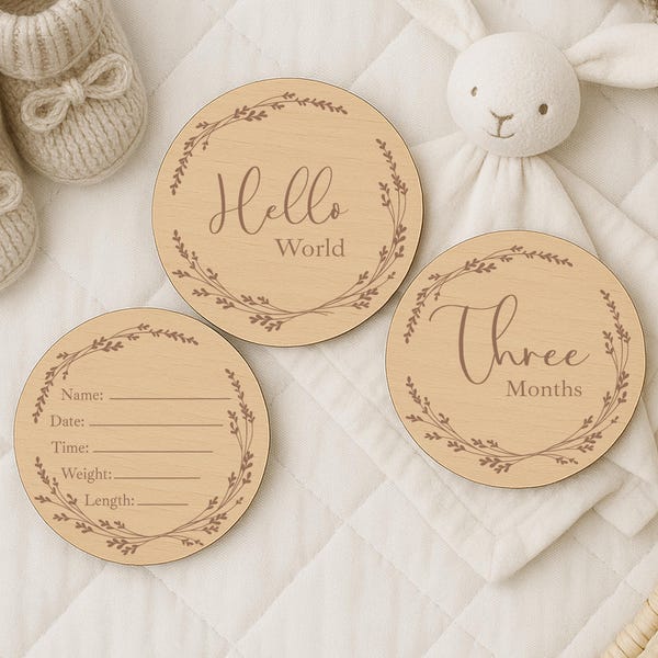 Baby Milestone Disc Set | Newborn Hello World Name Plaque | Monthly Milestone Cards | Newborn Gift | Baby Shower Gift | Social Media Photo