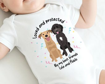 Loved and Protected By Dogs 140 Dog Types (Babygrow Sleepsuit Vest Bodysuit |  New Baby Boy Gift | Gift | New Baby | Dog Owner)