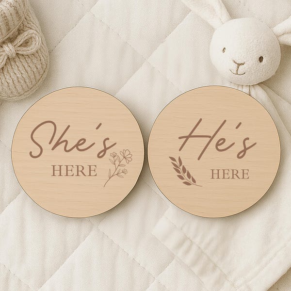 She's Here, He's Here | Wooden Baby Name Sign | Newborn Baby Girl Boy Unisex | Plaque | Hello World My Name Is | Birth Announcement