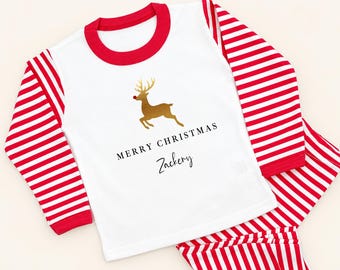 Personalised Christmas Pyjamas with Gold Reindeer and Name | Festive Toddler Infant 1st Xmas Eve Children 100% Cotton PJs