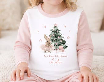Personalised Girls Christmas Pyjamas | Festive Pink Ballerina Bunny with Name | Pink or White 100% Cotton Baby Toddler Kids [Made in UK]