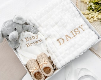 Personalised Embroidered Unisex New Baby Gift Hamper [White Blanket, White Elephant Comforter, Beige Booties & Boxed] Baby Girl Boy Newborn