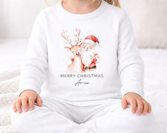 Merry Christmas or My First Christmas Pyjamas | Santa and Reindeer | Boys Girls Kids Toddler Infant Xmas Eve Children 100% Cotton PJs
