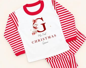 Personalised Girls Christmas Pyjamas | Festive Red Ballerina Initial Name Design | Red Stripe or White 100% Cotton PJs [Made in UK]