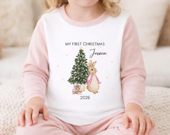 Personalised Girls Christmas Pyjamas | Festive Pink Rabbit 2026 Merry Christmas or My First Christmas | Xmas Eve 100% Cotton PJs Daughter