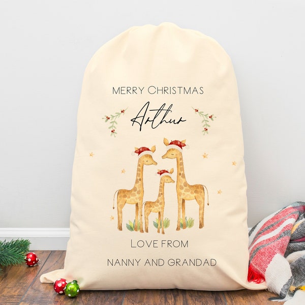 Personalised Santa Sack: Giraffe Family (First Christmas, Special Delivery, Christmas Sack, Boy, Girl, Christmas Eve Presents, Merry Xmas)