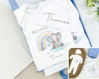 Hello World Blue Elephant Personalised New Baby Boy Clothing Gift Set (Babygrow | Hat | Blanket | Gift Box)  Coming Home Parent Present