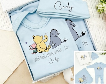 Winnie Boys Hamper | Babygrow Hat Blanket Gift Box | Personalised Coming Home Present Baby Shower Baby Blue Set Outfit