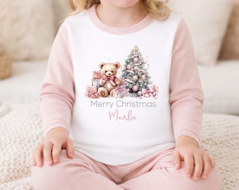 My First Christmas or Merry Christmas Girls Pyjamas | Pink Teddy Bear Festive Tree Design 2026 | Xmas Eve Pjs