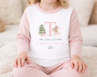Personalised Girls Christmas Pyjamas | When I Wake Up It's Xmas Initial Mouse Tree | Kids Toddler Infant Xmas Eve Children 100% Cotton PJs