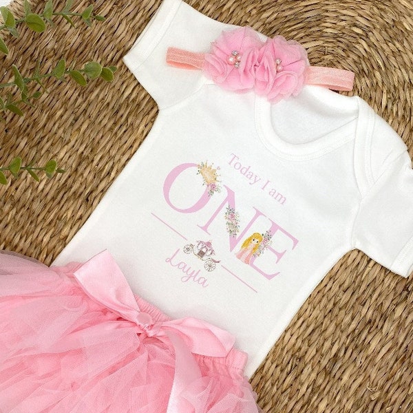 Personalised Princess ONE Number 1st Birthday Vest and Pink Tutu Set & Headband (One Today First Birthday Party Photo Girl Girls)