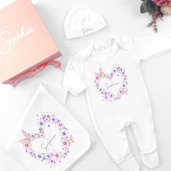 Pink Butterfly Wreath Personalised New Baby Girl Babygrow optional Hat, Blanket, Gift Box (New Baby Clothing Gift Set - New Arrival Gift)