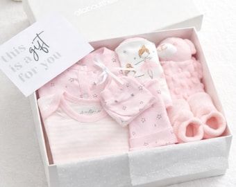 New Baby Girl Pink Clothing Gift Box Hamper |  Baby Shower Gift | Newborn Babygrow Comforter