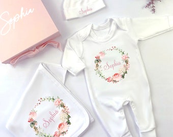 Sleep suit babygrow bodysuit hat booties headband personalised custom-made set