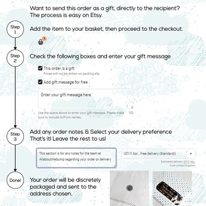 May include: A step-by-step guide on how to send an Etsy order as a gift. The steps include adding the item to your basket, checking the gift message box, and adding any order notes. The image also includes a section for selecting delivery preferences.