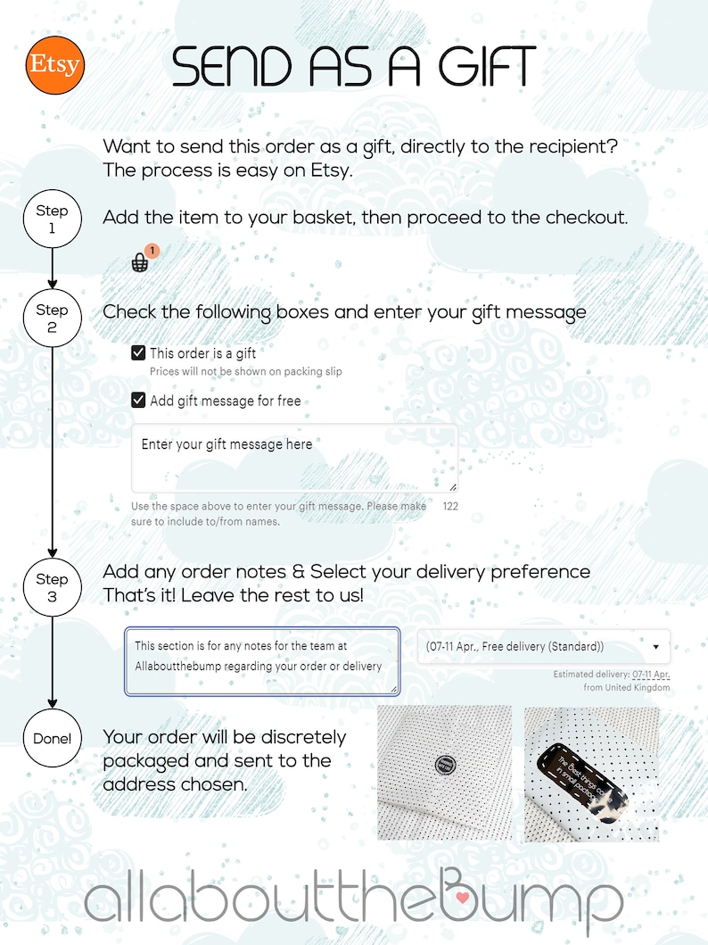 May include: A step-by-step guide on how to send an Etsy order as a gift. The steps include adding the item to your basket, checking the gift message box, and adding any order notes. The image also includes a section for selecting delivery preferences.