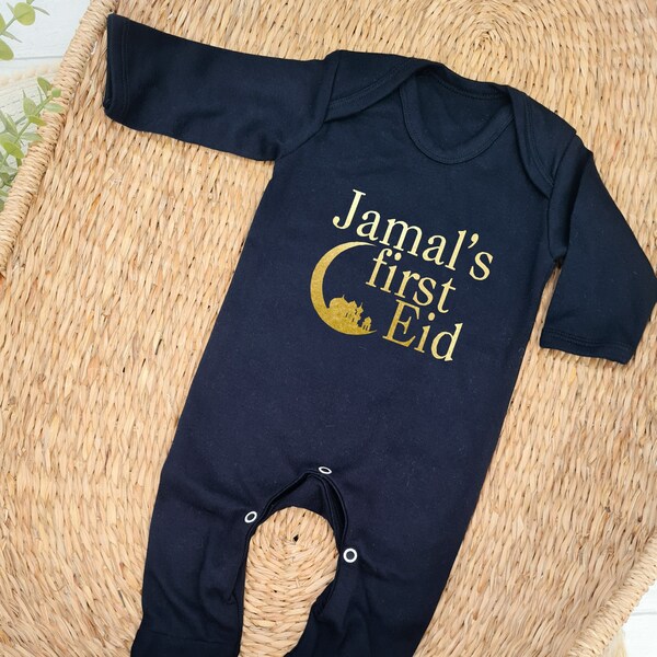 Personalised My First Eid Red Babygrow with Gold Moon Print (Eid Celebration | 1st Eid Gift | Baby Gift | First Eid Ramadan)