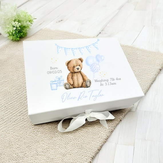 Blue teddy Baby New Baby Gift Box | Personalised Baby Shower Gift l Keepsake l Memory Box | Baby Girl | Baby Boy | Unisex Baby | Elephant