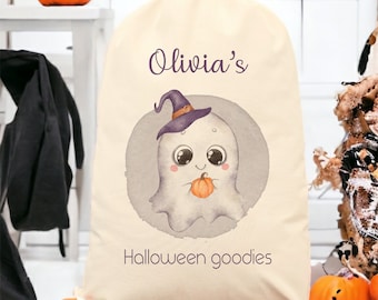 Personalised Ghost Halloween Treat Sack | Trick or Treat Bag Sack Bucket | Goodies Snacks Sweets | First Halloween | Sibling Matching