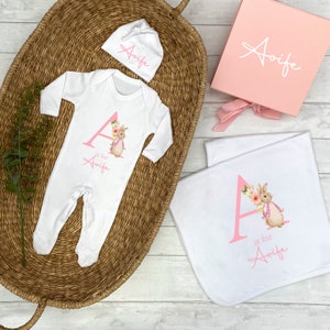 New Baby Girl Pink Rabbit, Name & Initial Personalised Clothing (Babygrow | Hat | Blanket | Gift Box)  Coming Home Parent Present Gift Set