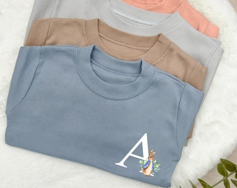 Camiseta de algodón inicial de conejo azul personalizada / melocotón / azul / marrón / gris / camiseta de niño / traje personalizado / traje unisex