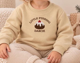 Personalised Kids Embroidered Christmas Jumper | Little Pudding Festive Sweatshirt with Name for Boys Girls Sibling Matching Xmas Sweater