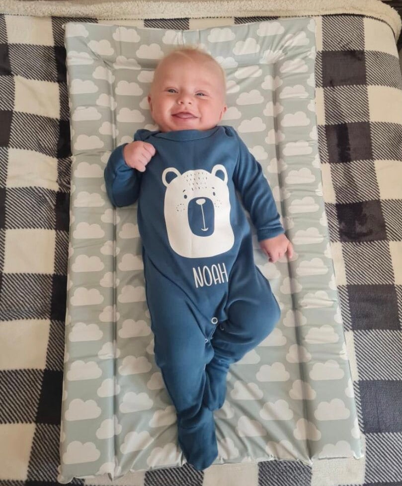 Tiny Baby to 9-12 Months Personalised 100% Organic Cotton Blue Babygrow Bear 
