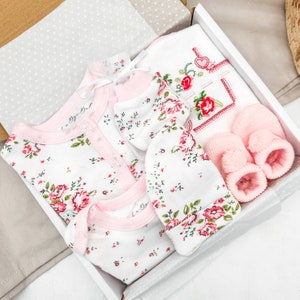 Pink Baby Girls Hamper with optional Booties Gift Wrapped l Baby Shower Gift l Sleepsuit l Babygrow l Baby Gift l New Baby l New Baby Girl Floral Cream