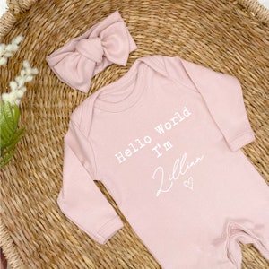 Personalised Hello World Girls Pink Baby Clothing (Choose: Babygrow | Heaband | Blanket) New Baby Girl Gift | Coming Home Outfit | Newborn)