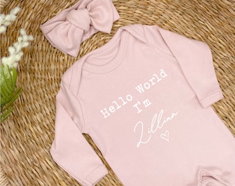 Personalised Hello World Girls Pink Baby Clothing (Choose: Babygrow | Heaband | Blanket) New Baby Girl Gift | Coming Home Outfit | Newborn)