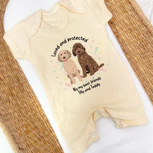 Personalised Loved and Protected By Dogs 140 Dog Types Romper New Baby Boy Gift Gift New Baby Dog Owner Baby Shower Gift image 1