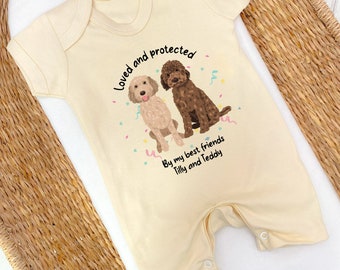 Personalised Loved and Protected By Dogs 140 Dog Types Romper |  New Baby Boy Gift | Gift | New Baby | Dog Owner | Baby Shower Gift