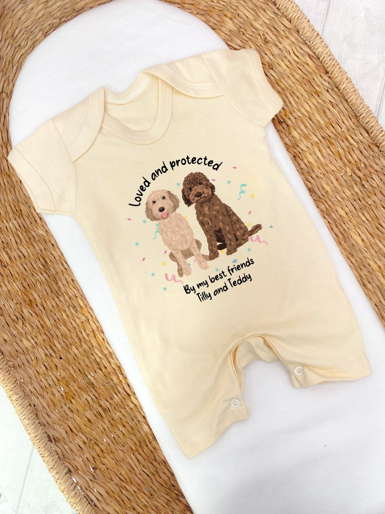 Personalised Loved and Protected By Dogs 140 Dog Types Romper New Baby Boy Gift Gift New Baby Dog Owner Baby Shower Gift image 1