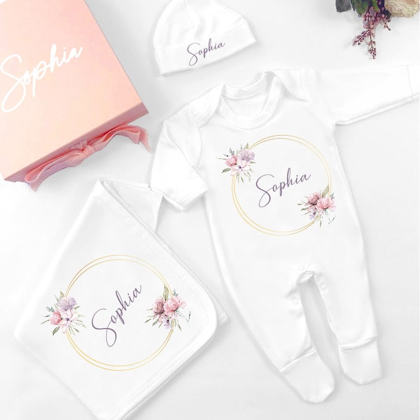 Personalised Boho Floral Gold Ring with Name New Baby Girl Clothing Babygrow - optional Hat, Blanket, Gift Box (Gift Set Baby Gift Hamper)