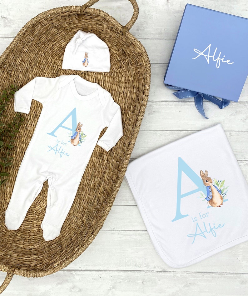 Personalised Blue Rabbit Blue Initial New Baby Boy Clothing Gift Set (Babygrow | Hat | Blanket | Gift Box)  Coming Home Parent Present 