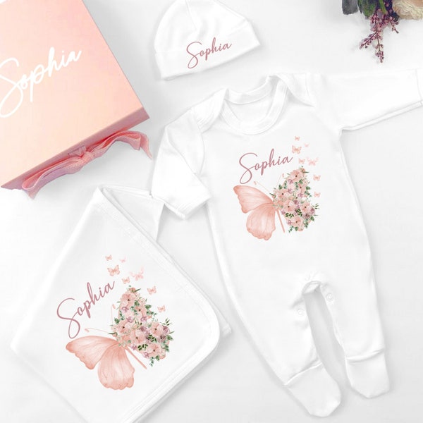 Set regalo personalizzato con abbigliamento per neonata con farfalla floreale personalizzata (tutina/cappello/coperta/confezione regalo) Regalo per genitori che tornano a casa
