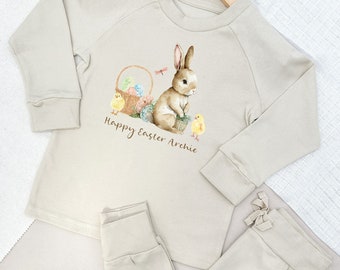 Personalised Brown Bunny Easter Lightweight Cotton Tracksuit Grey Brown Sand Baby Girl Toddler Outfit Leggings Trousers T-shirt Kids