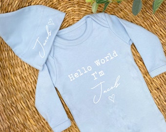 Personalised Hello World Baby Blue Babygrow optional Blanket & Hat Sleepsuit | New Baby Boy Gift | Coming Home Hospital Gift | Announcement